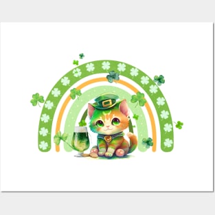 retro st patrick green rainbow - one lucky cat Posters and Art